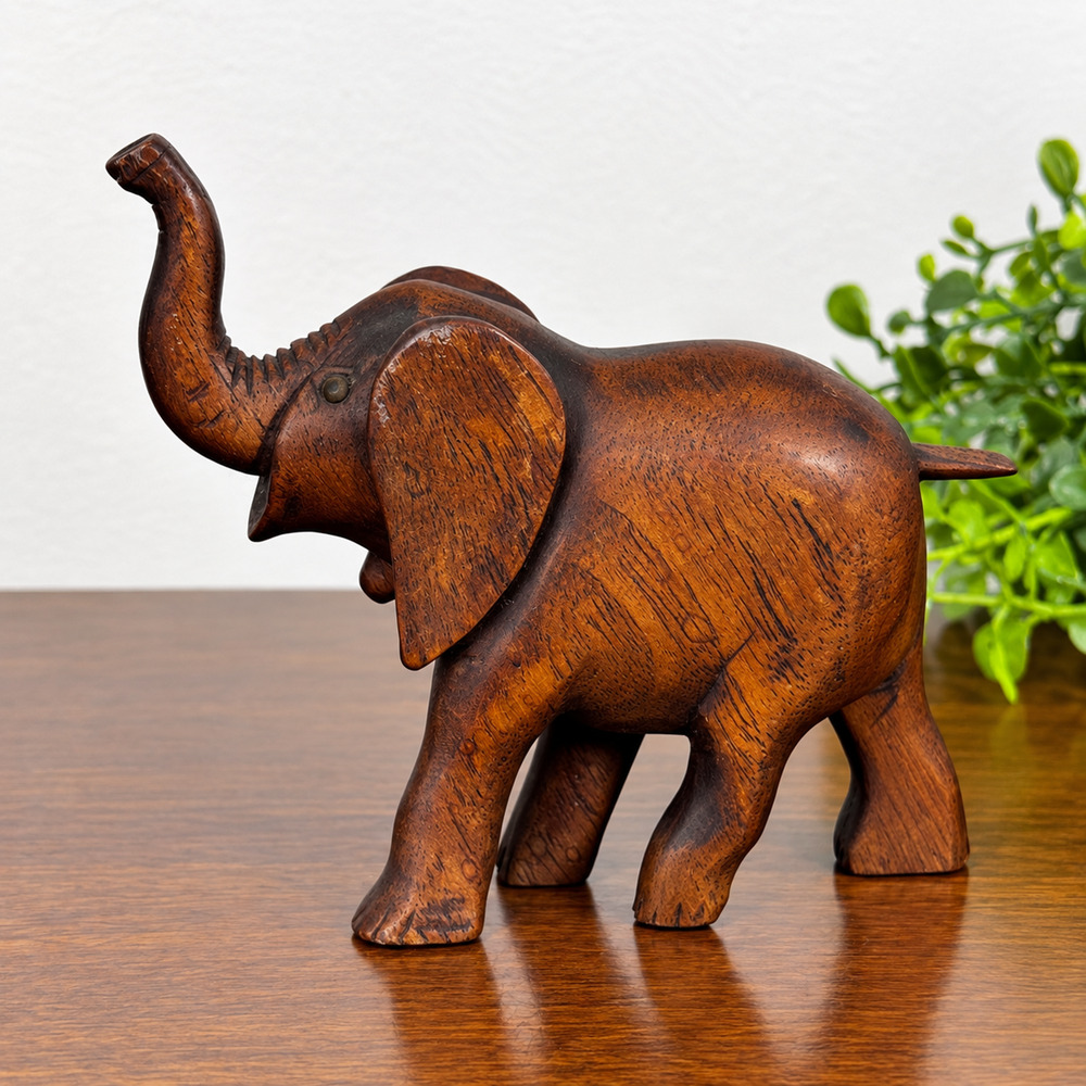 Vintage Solid Wood Elephant Sculpture Wooden Decor Figurine 3" Tall